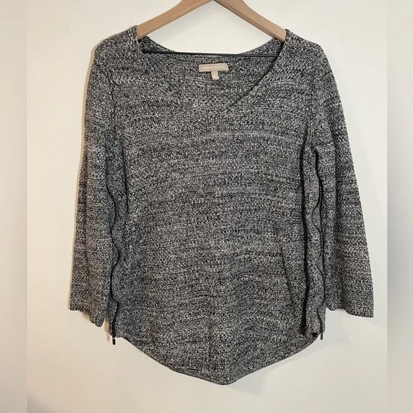 Banana Republic Black Marbled Knit V-Neck Sweater Side Zips Long Sleeve Large - Picture 1 of 11